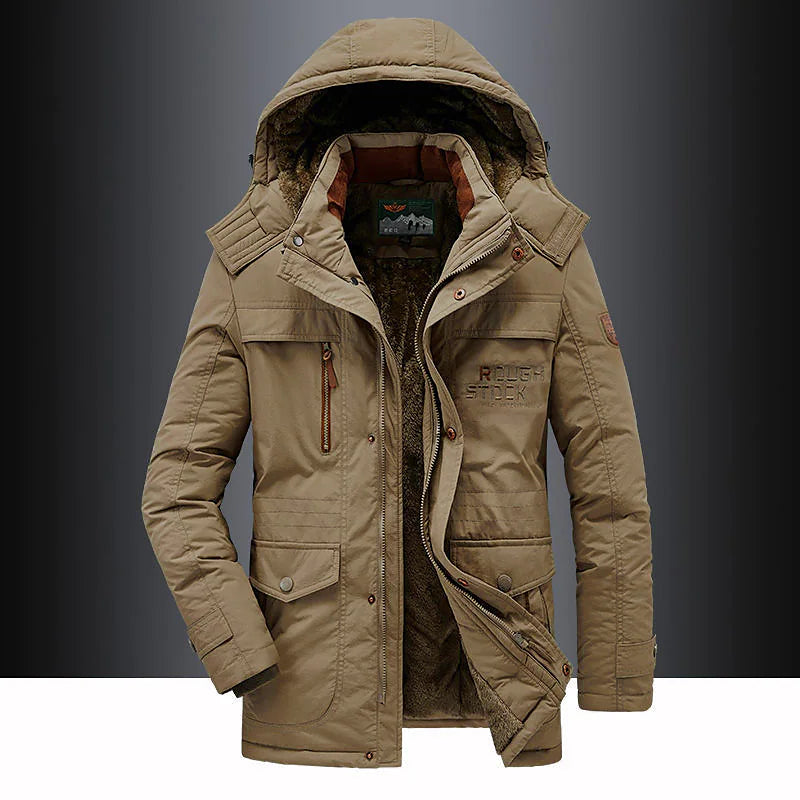 Men's Fleece Lined Hooded Thigh Length Parka With Winter Warmth And Functional Design