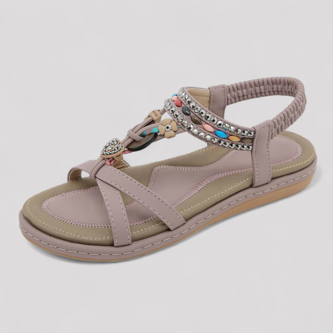 Liora T-Strap Flat Sandals For Women Beading Heart Charm Supportive Footbed Braided Comfort