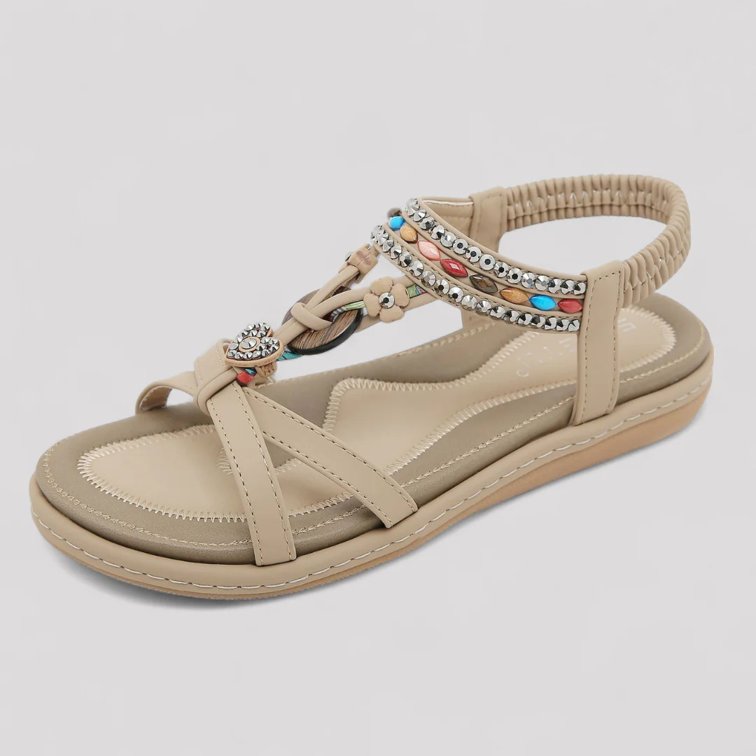 Liora T-Strap Flat Sandals For Women Beading Heart Charm Supportive Footbed Braided Comfort
