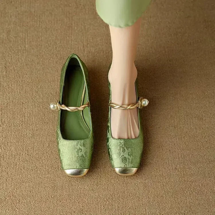 Women's Mary Jane Shoes with Pearl Strap and Block Heel