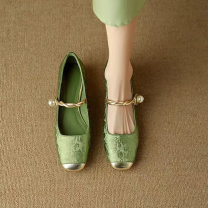 Women's Mary Jane Shoes with Pearl Strap and Block Heel