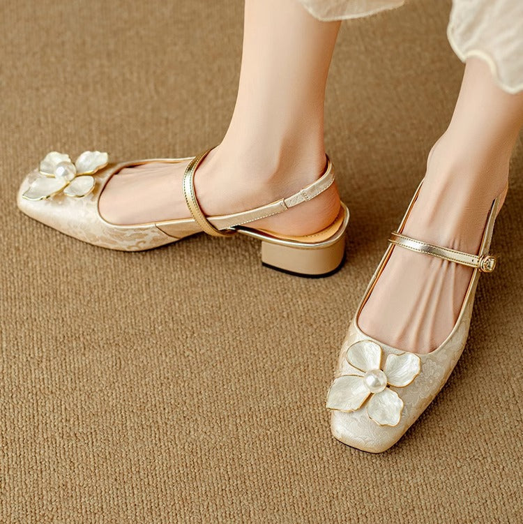 Women's Floral Pumps with Block Heel and Jacquard Detail