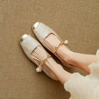 Women's Mary Jane Shoes with Pearl Strap and Block Heel