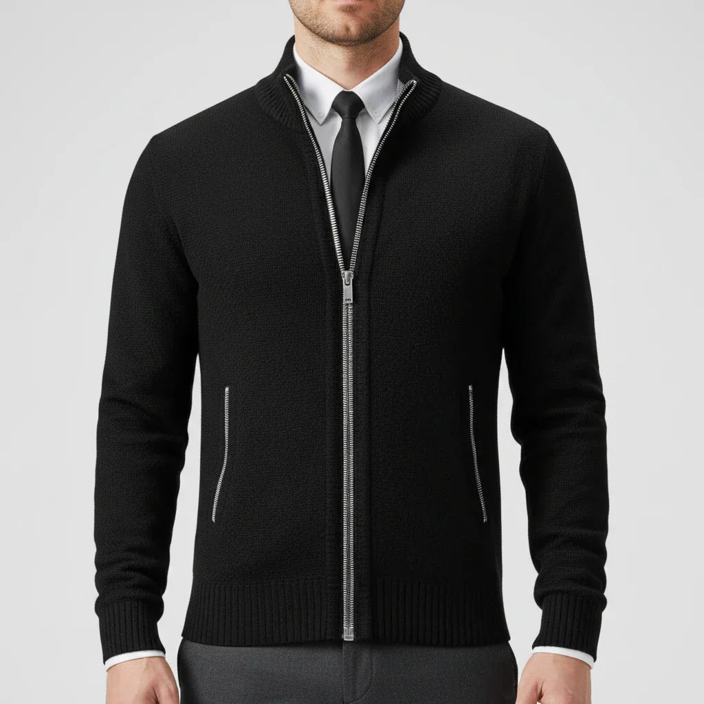 Men Zip Up Sweater With Stand Collar For Easy Layering And Timeless Style Ideal For Office Or Weekend Wear
