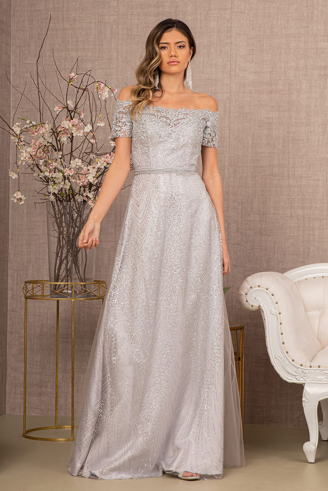 Glitter Print Mesh Long Prom Dress