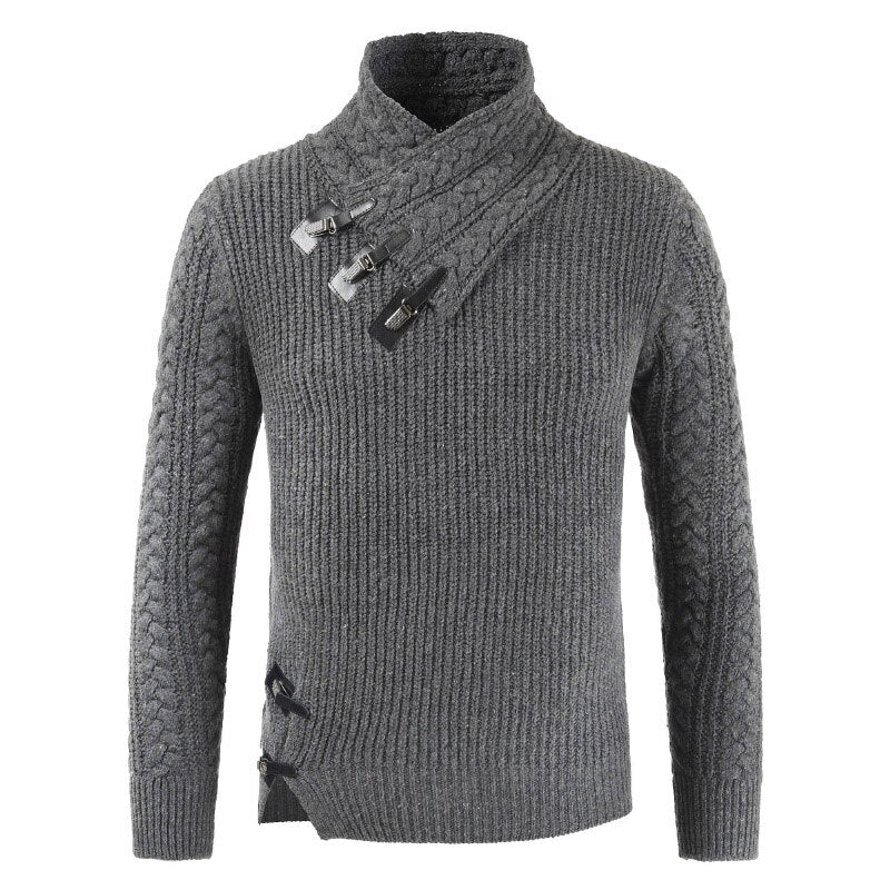 Mens Chunky Knit Jumper Asymmetric Neckline Buckle Accent For Modern Layering For Everyday Casual To Semi Formal