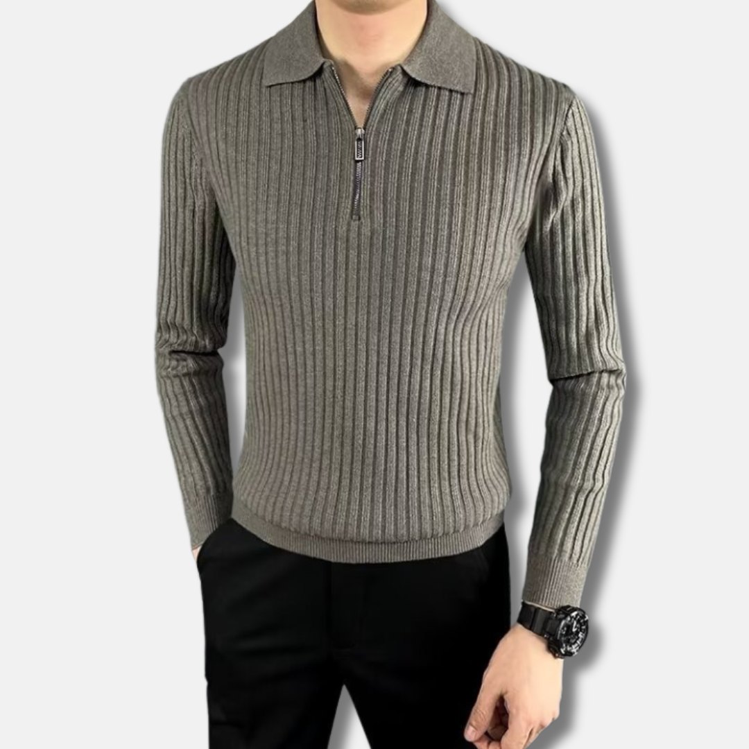 Men's Rib Knit Half Zip Polo Collar Sweater Long Sleeve Slim Fit Knitwear for Smart Casual