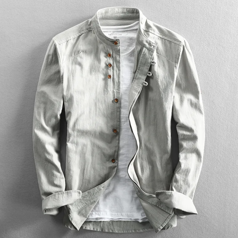 TrendAura Men Slim Fit Linen Mandarin Collar Shirt With Button Front Long Sleeve Hip Length For Casual Wear