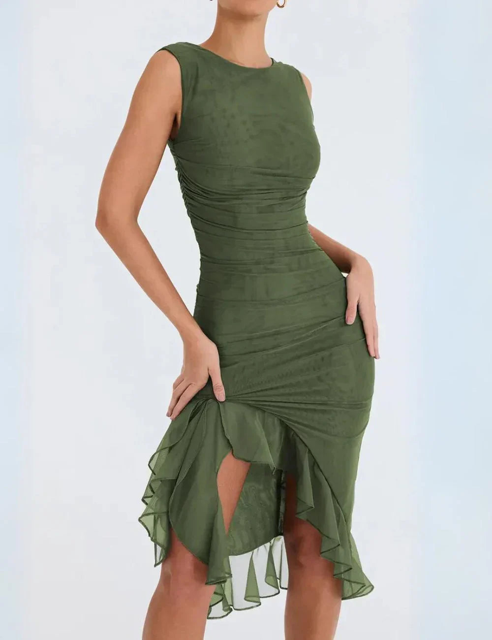 Irregular Midi Dress With Ruffles For Women Comfortable Fit Flattering Silhouette Versatile Chic
