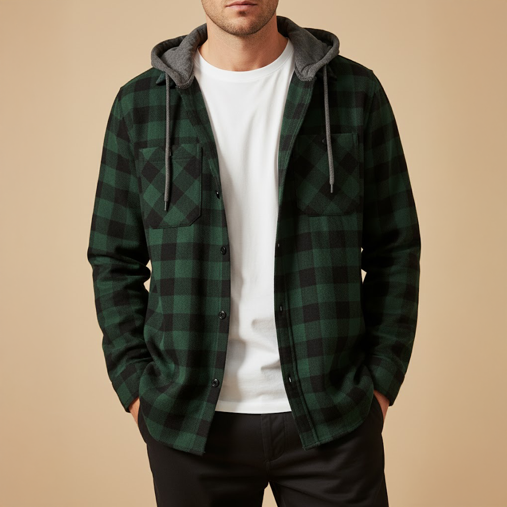 Mens Checked Hooded Jacket For Everyday Casual Wear BuiltIn Hood Timeless Plaid Pattern Versatile AllSeason Style