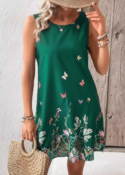 Women’s Vest Dress – Relaxed Fit – Sleeveless – Floral Print – Short Length – Lightweight