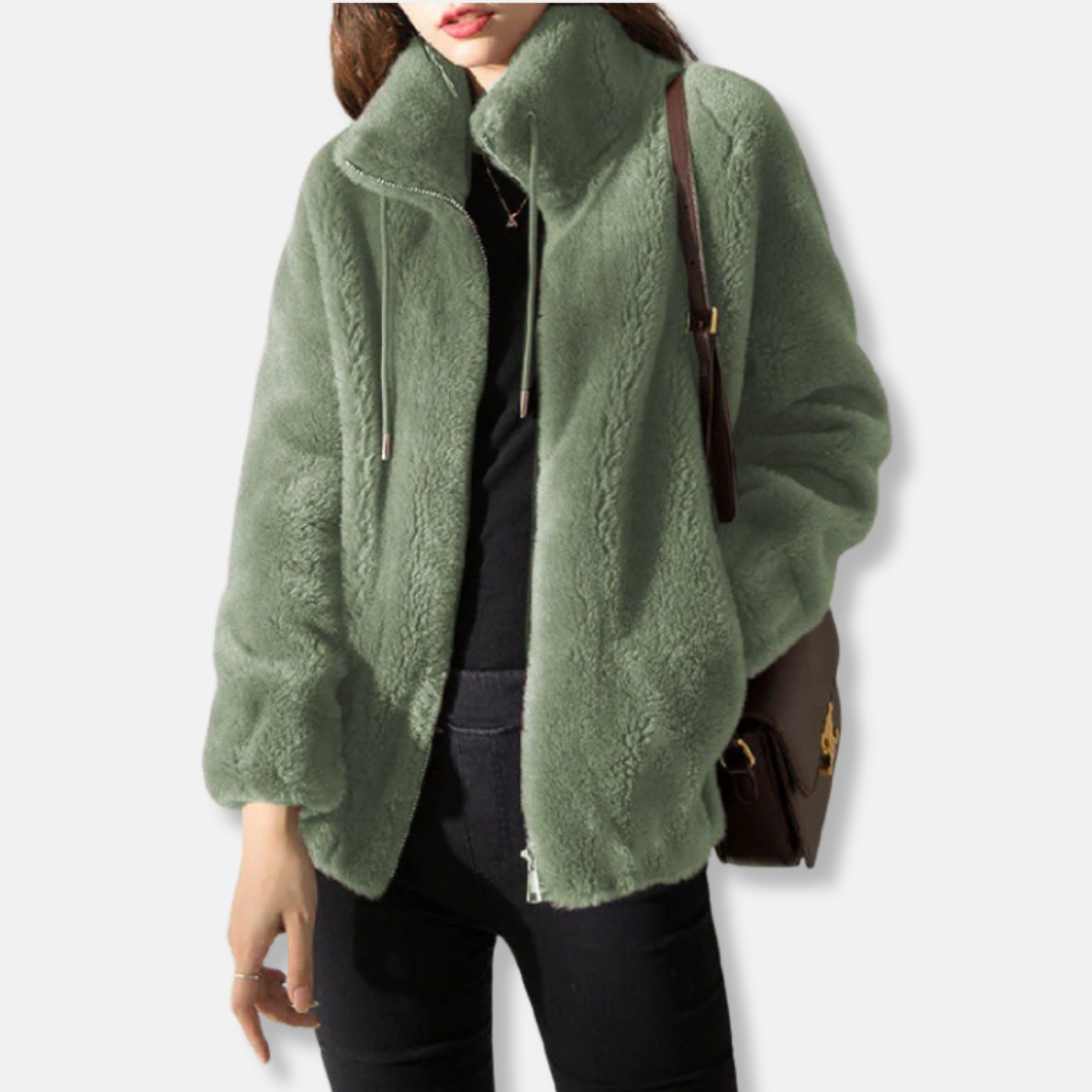 Women’s Fleece Jacket – Relaxed Fit – Stand Collar – Full Zip – Elastic Hem and Cuffs