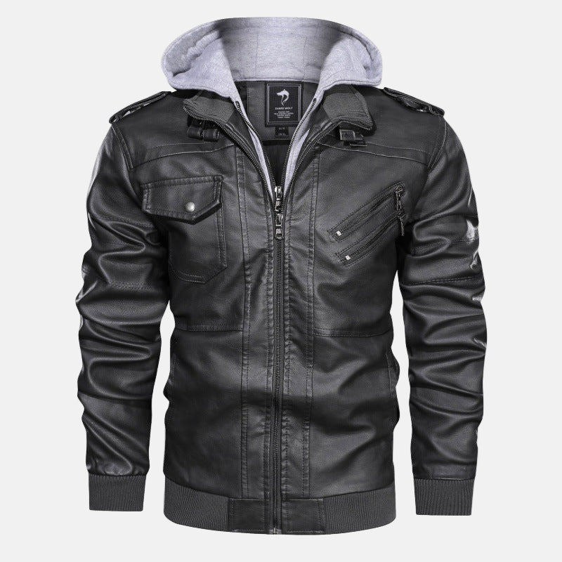 Mens Hooded Moto Jacket With Zip Pockets Leather Look Casual Winter Outerwear For Men