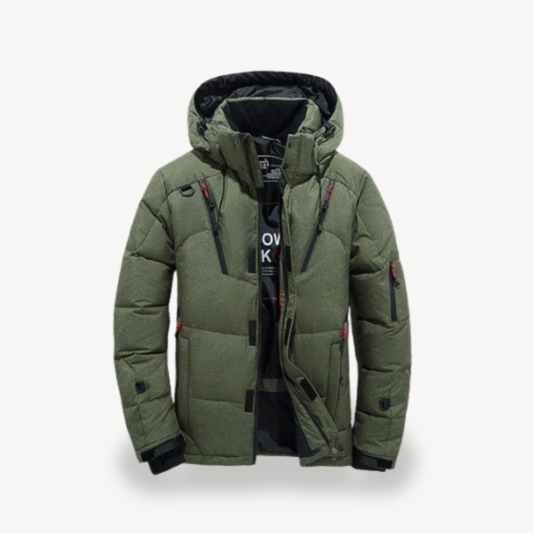 Men's Puffer Jacket With Hood Stylish Modern Accent Structured Winter Design For Outdoor Enthusiasts