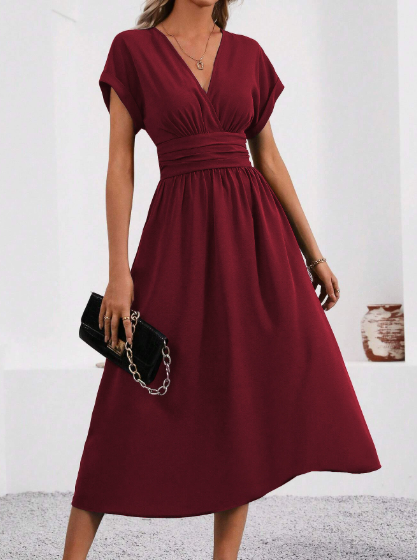 V-Neck Midi Dress With Pleated Waistband For Women Flattering Silhouette And Soft Stretch Fabric