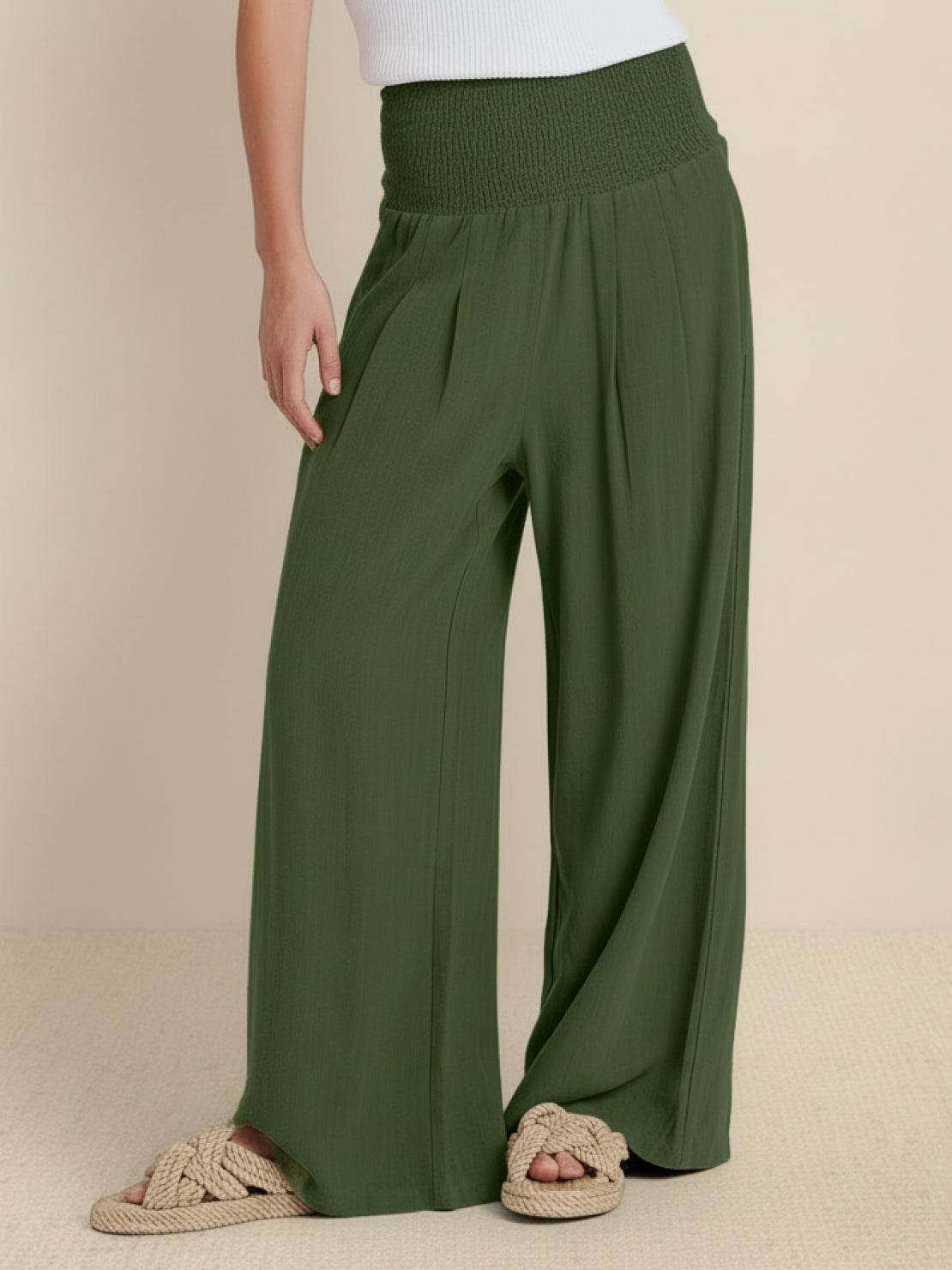Women's High Waist Wide Leg Trousers with Smocked Waist and Relaxed Fit