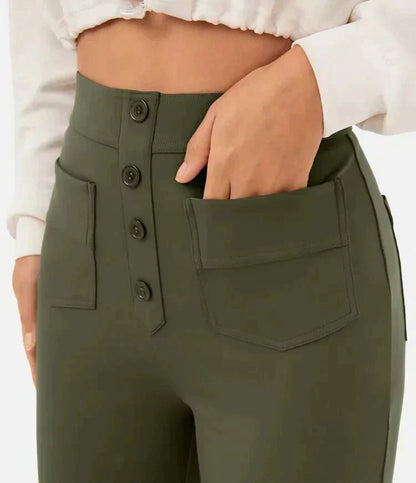 Women's high-waisted pants, buttoned and stretchy