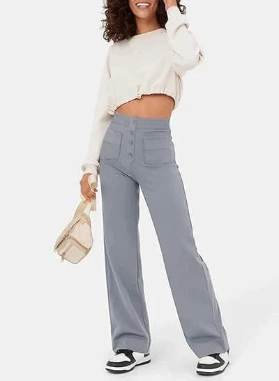 Women's high-waisted pants, buttoned and stretchy