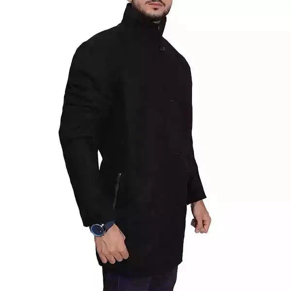 Howard High Neck Black Wool Coat For Men By TrendAura Stand Collar Button Front Winter Outerwear
