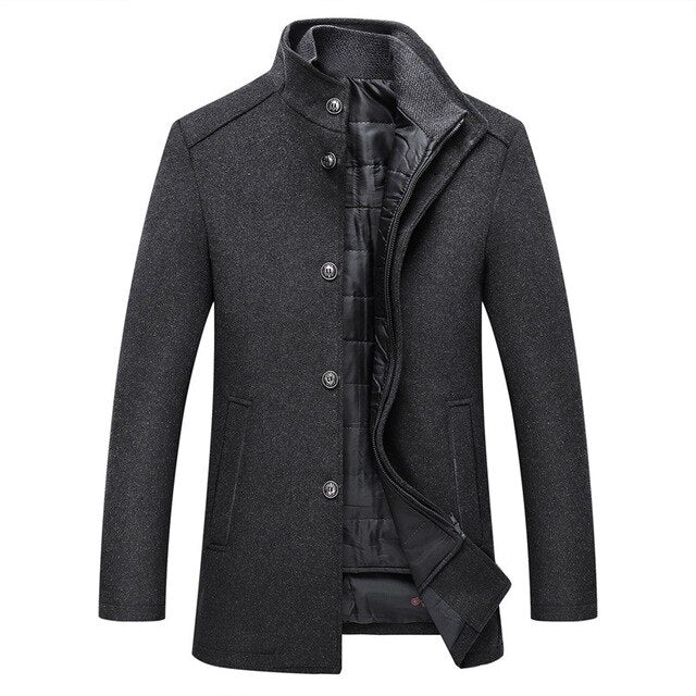 Men Stand Collar Wool Coat With Button Front Warm Winter Outerwear For Casual Style