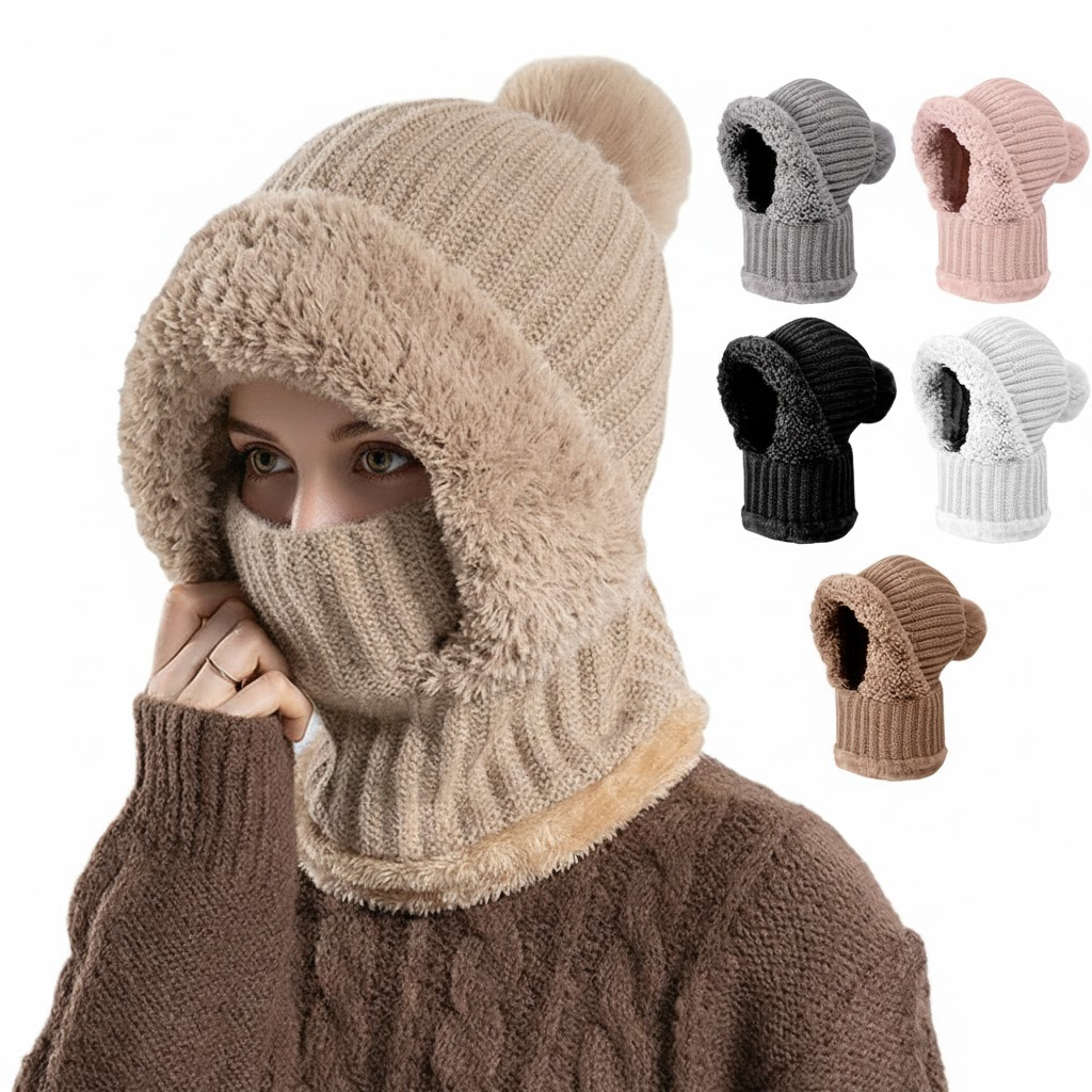 Women 3-In-1 Thermal Balaclava Beanie Set With Fleece Lined Windproof Face Mask And Scarf For Winter Sports