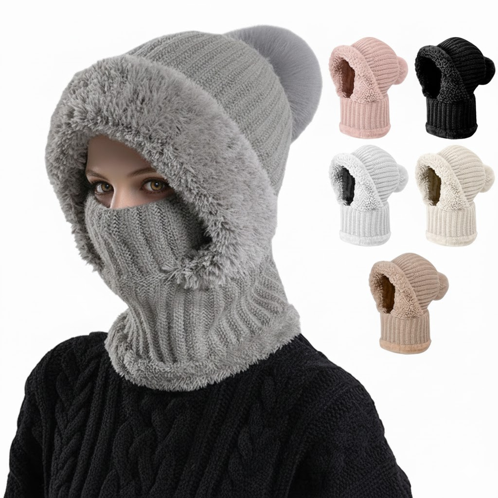 Women 3-In-1 Thermal Balaclava Beanie Set With Fleece Lined Windproof Face Mask And Scarf For Winter Sports
