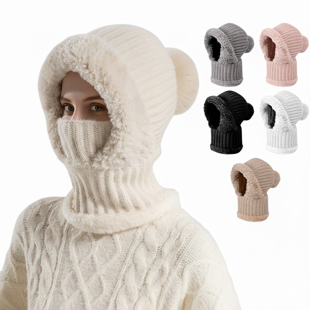 Women 3-In-1 Thermal Balaclava Beanie Set With Fleece Lined Windproof Face Mask And Scarf For Winter Sports
