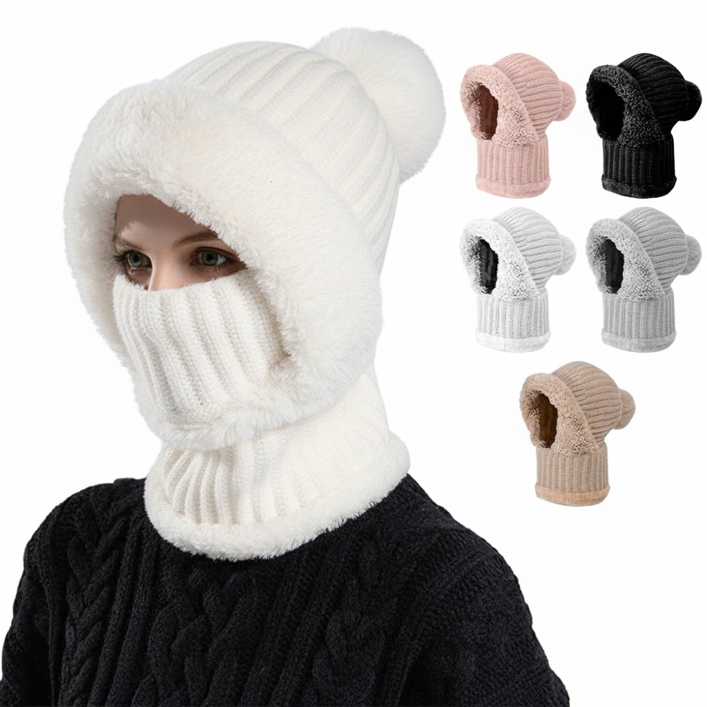 Women 3-In-1 Thermal Balaclava Beanie Set With Fleece Lined Windproof Face Mask And Scarf For Winter Sports