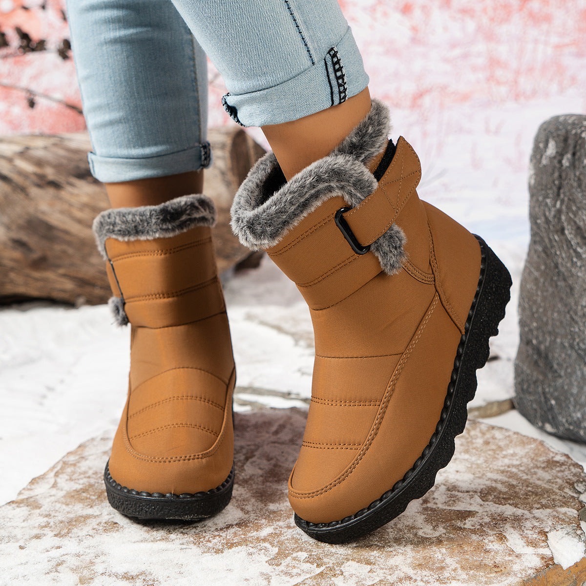 Women Waterproof Velcro Snow Boots With Fleece Lining And Anti Slip For All Day Warmth