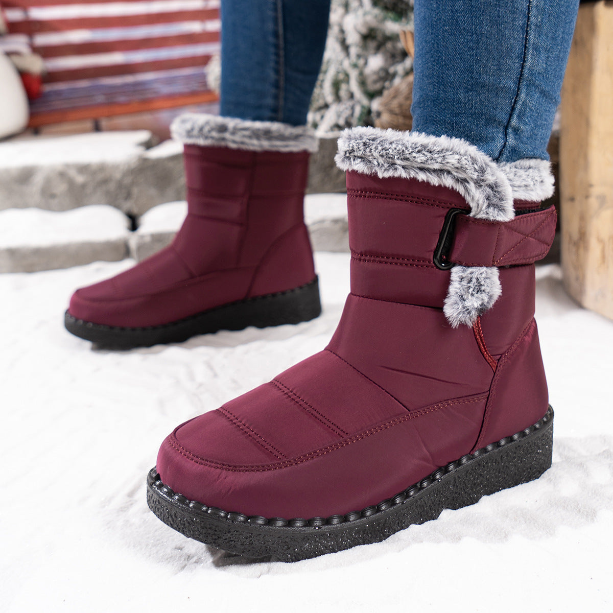 Women Waterproof Velcro Snow Boots With Fleece Lining And Anti Slip For All Day Warmth