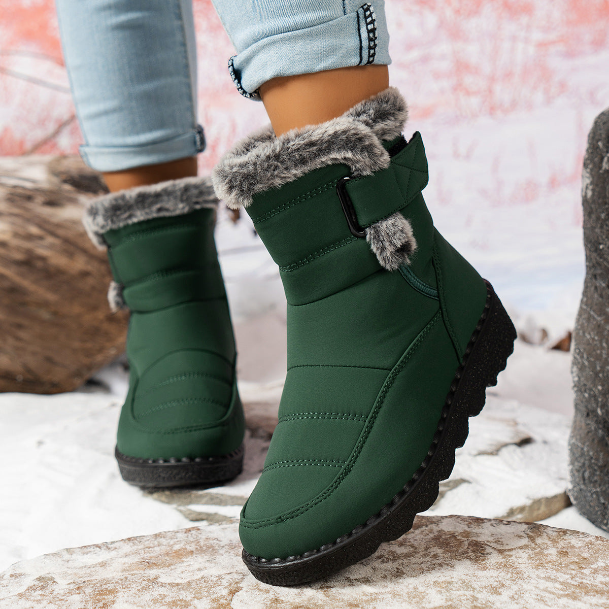Women Waterproof Velcro Snow Boots With Fleece Lining And Anti Slip For All Day Warmth