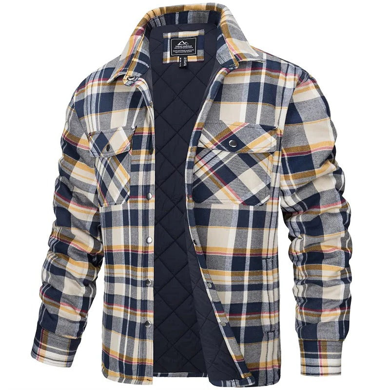 Mens Blue Plaid Button Up Flannel Jacket With Long Sleeves And Two Chest Pockets For Cold Weather