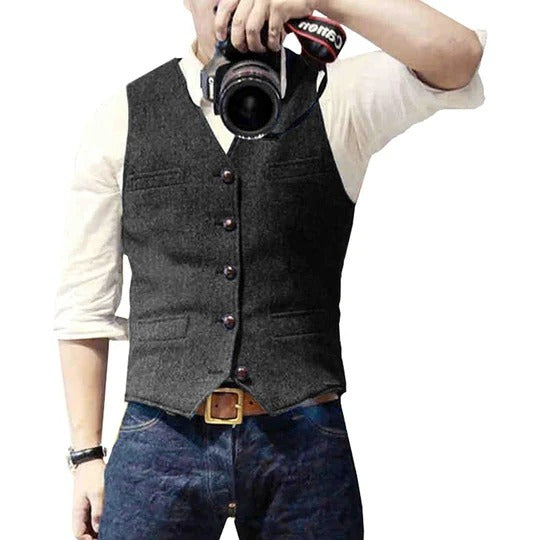 TrendAura Men's Denim Vest With Button Closure And Practical Pockets For Versatile Casual Layering