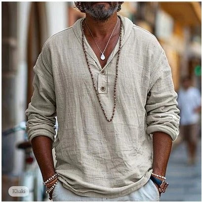 Mens Linen Long Sleeve Shirt With Stand Up Collar For Layering And Casual Everyday Wear By TrendAura