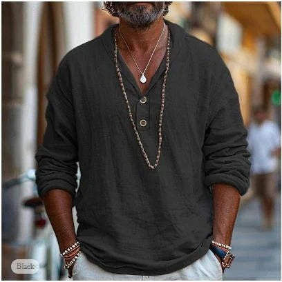 Mens Linen Long Sleeve Shirt With Stand Up Collar For Layering And Casual Everyday Wear By TrendAura