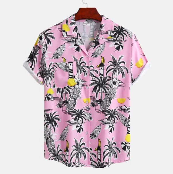 Mens Hawaiian Shirt With Palm Tree Print Short Sleeve Relaxed Fit Casual Summer Shirt