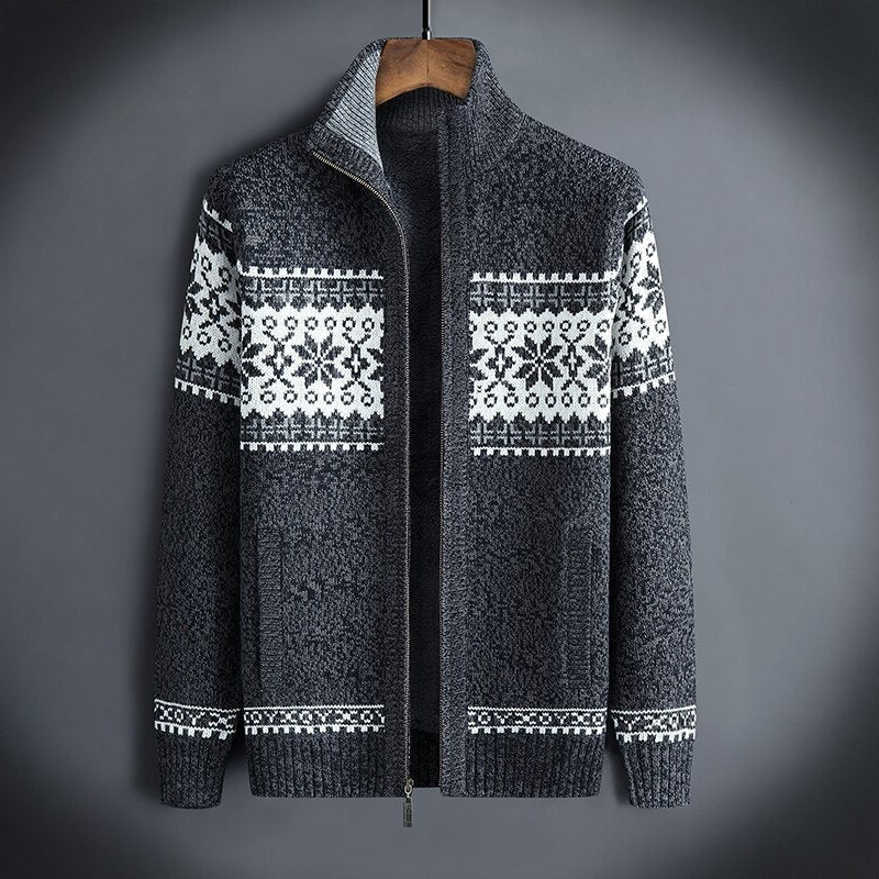 TrendAura Knitted Winter Jacket For Men Zip Front With Nordic Pattern Warm Coat For Daily Wear