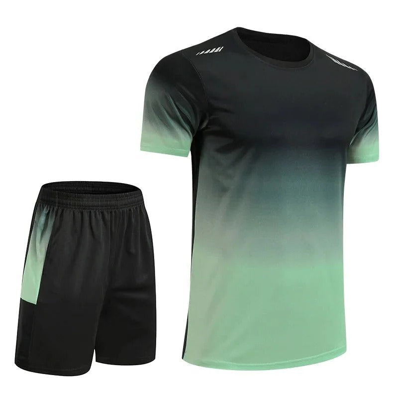 TrendAura Mens Gradient Sportswear Set With Short Sleeve Top And Matching Shorts For Training