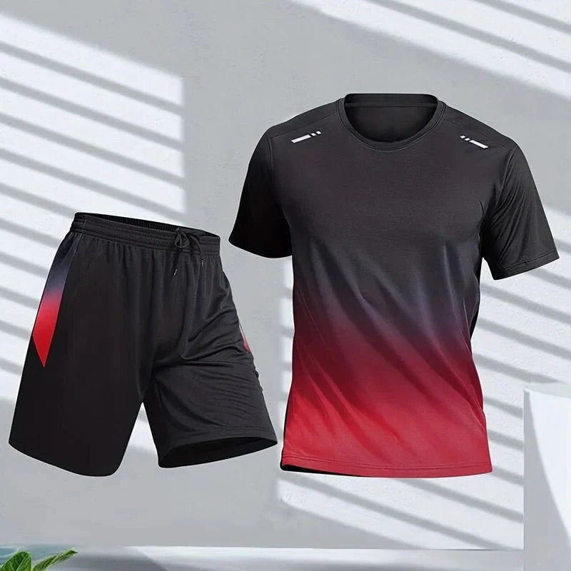 TrendAura Mens Gradient Sportswear Set With Short Sleeve Top And Matching Shorts For Training