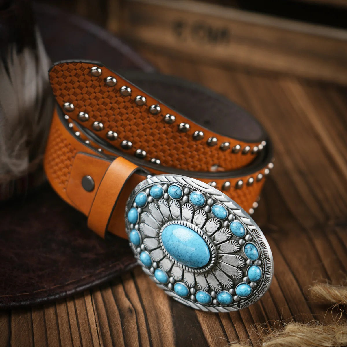 Mens Western Style Leather Belt With Ornate Brass Buckle For Casual And Formal Wear