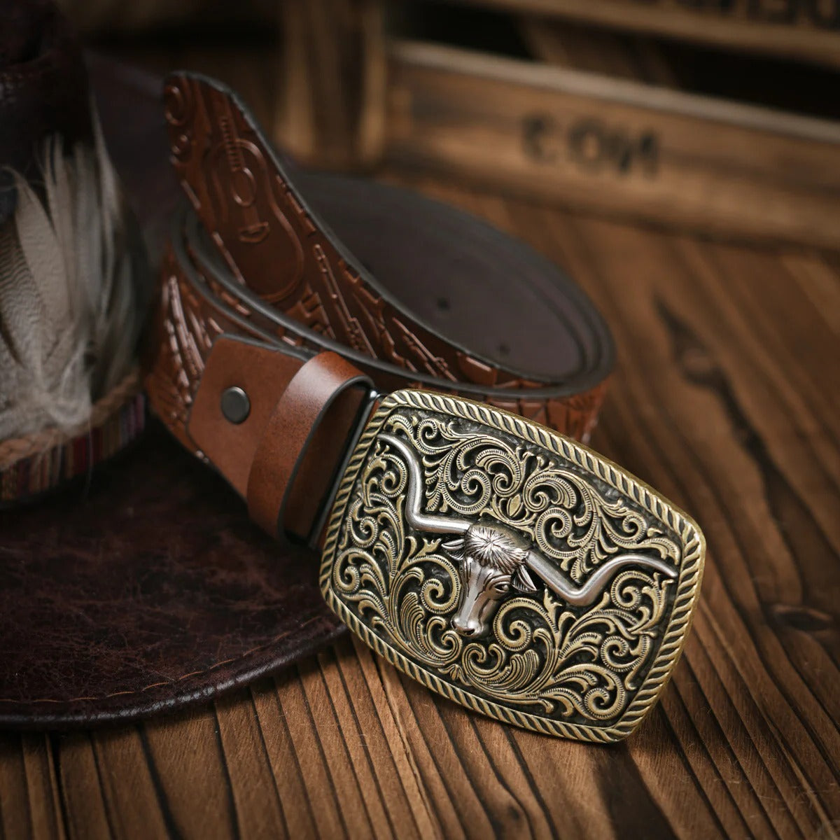 Mens Western Style Leather Belt With Ornate Brass Buckle For Casual And Formal Wear