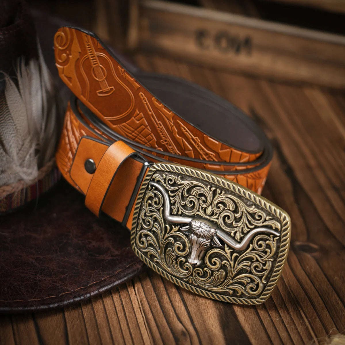 Mens Western Style Leather Belt With Ornate Brass Buckle For Casual And Formal Wear