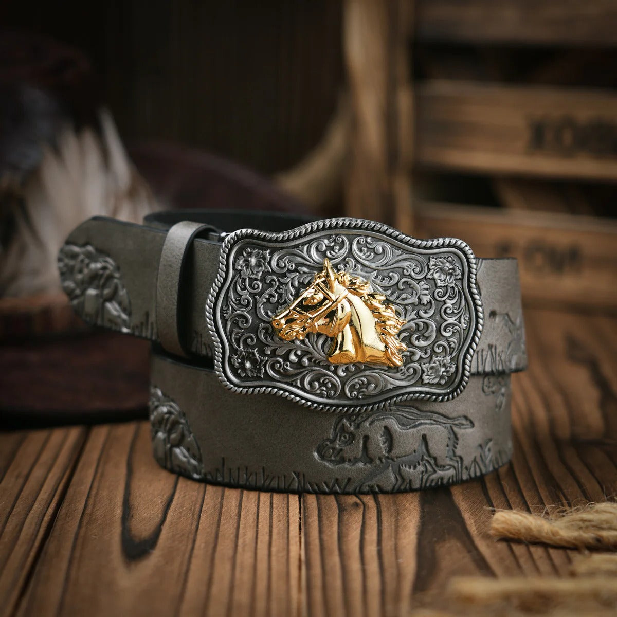 Mens Western Style Leather Belt With Ornate Brass Buckle For Casual And Formal Wear