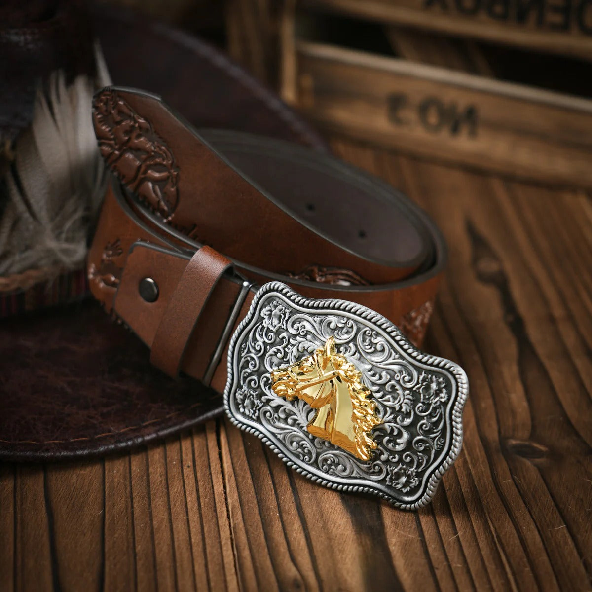 Mens Western Style Leather Belt With Ornate Brass Buckle For Casual And Formal Wear