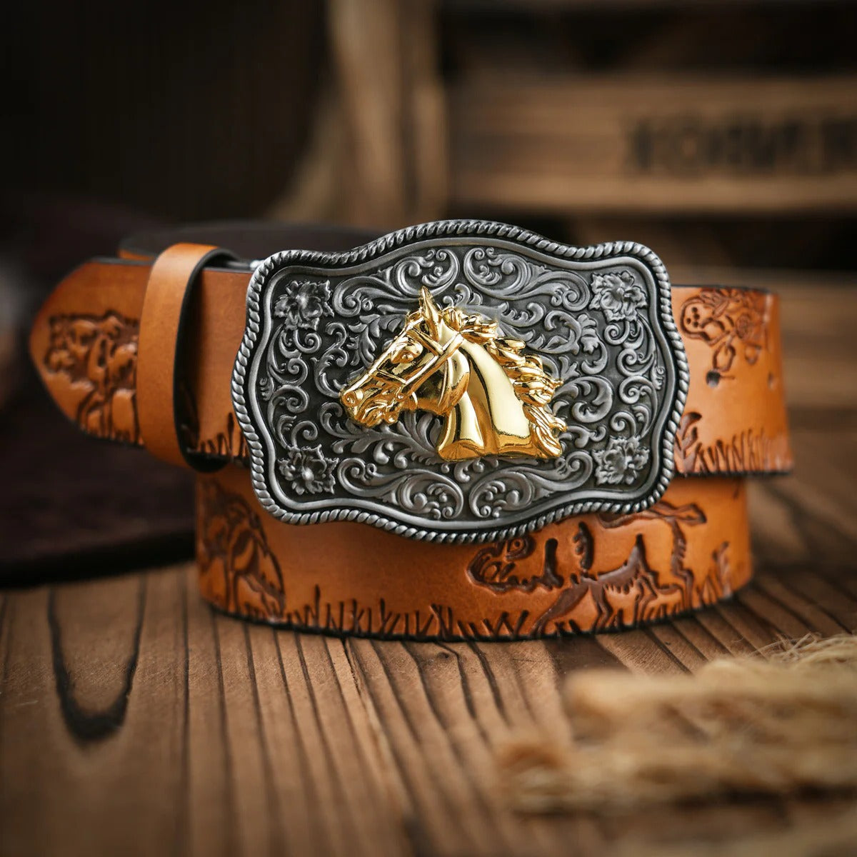 Mens Western Style Leather Belt With Ornate Brass Buckle For Casual And Formal Wear