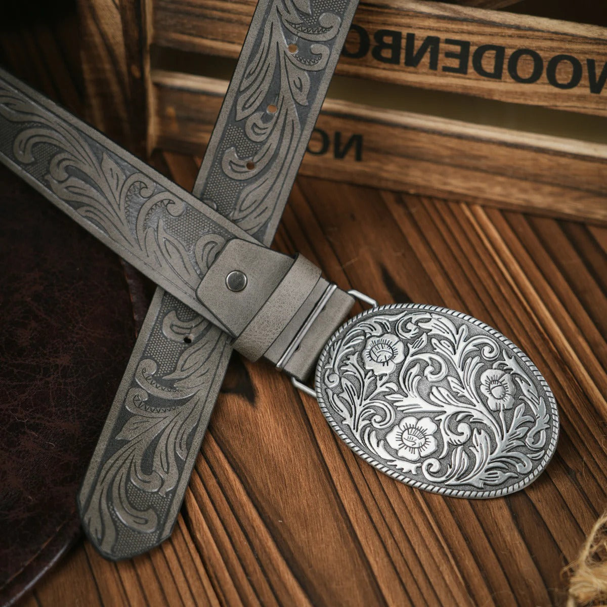 Mens Western Style Leather Belt With Ornate Brass Buckle For Casual And Formal Wear