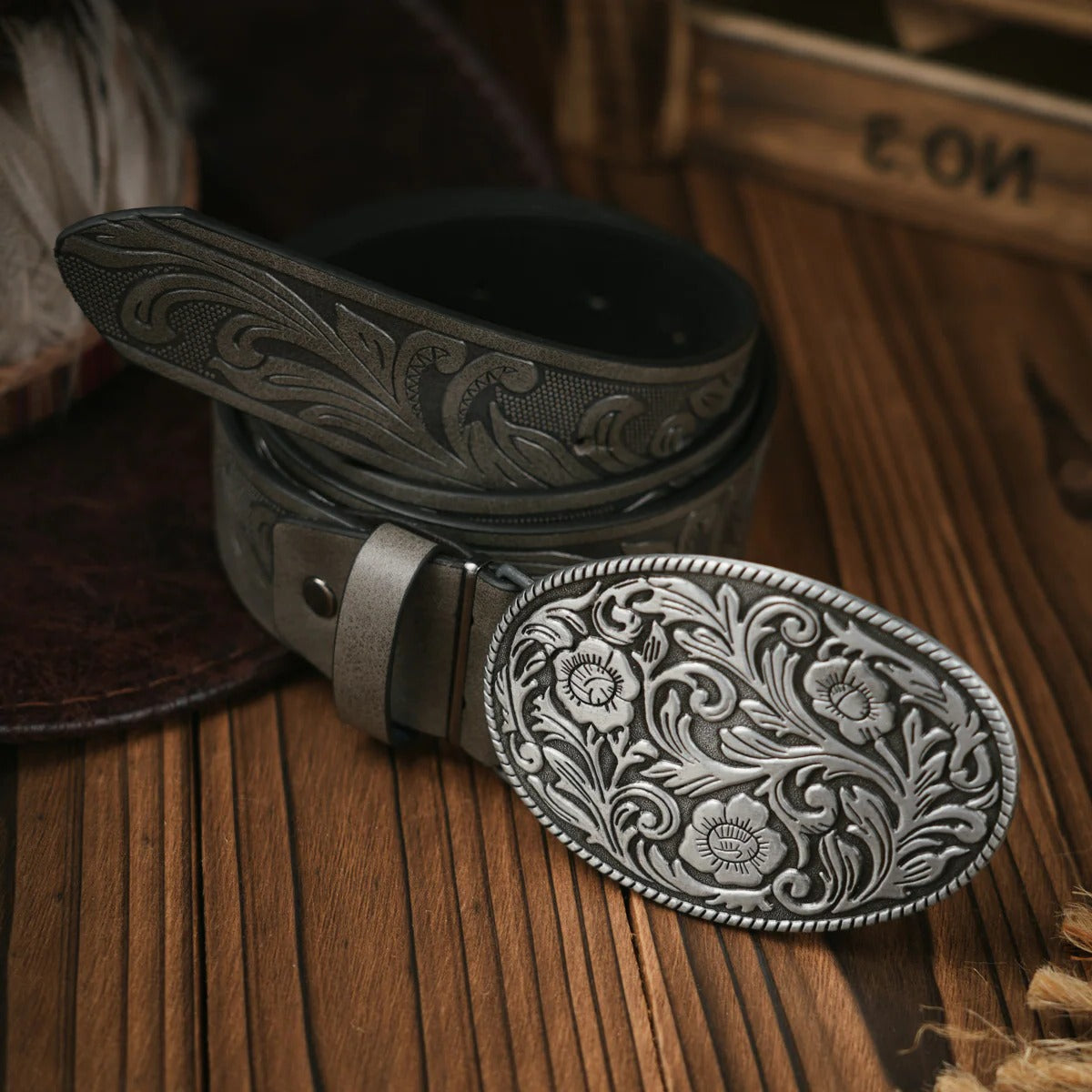 Mens Western Style Leather Belt With Ornate Brass Buckle For Casual And Formal Wear