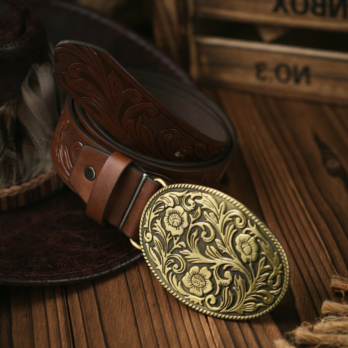 Mens Western Style Leather Belt With Ornate Brass Buckle For Casual And Formal Wear