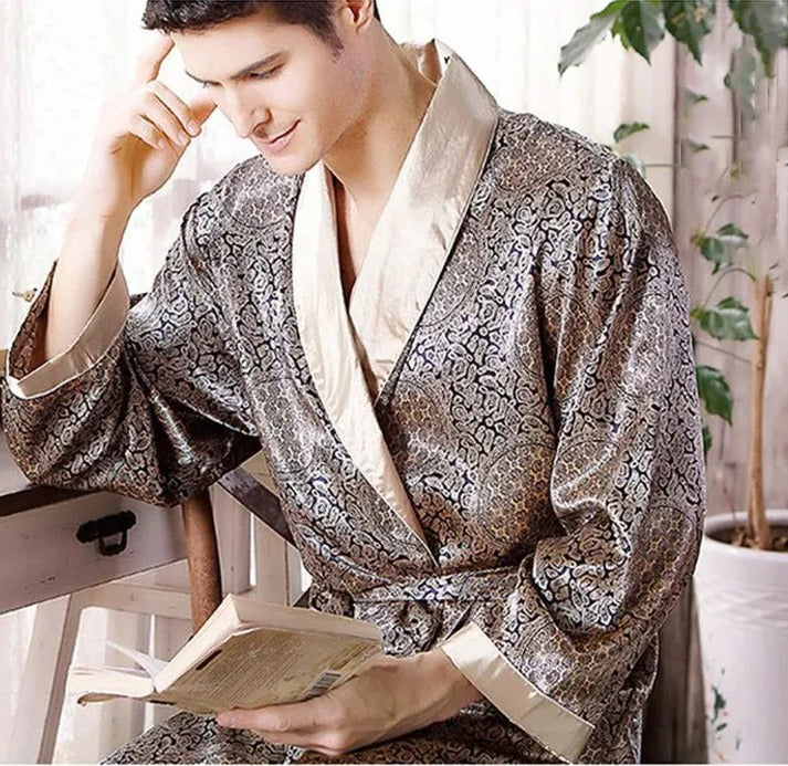TrendAura Men's Patterned Kimono Robe - Lightweight Lounge Wear with Relaxed Fit