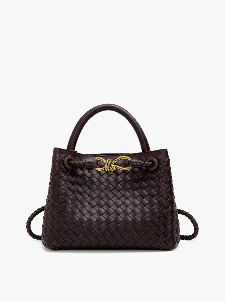 TrendAura Woven Handbag - Structured Black Tote With Dual Carry Straps And Gold Knot Accent
